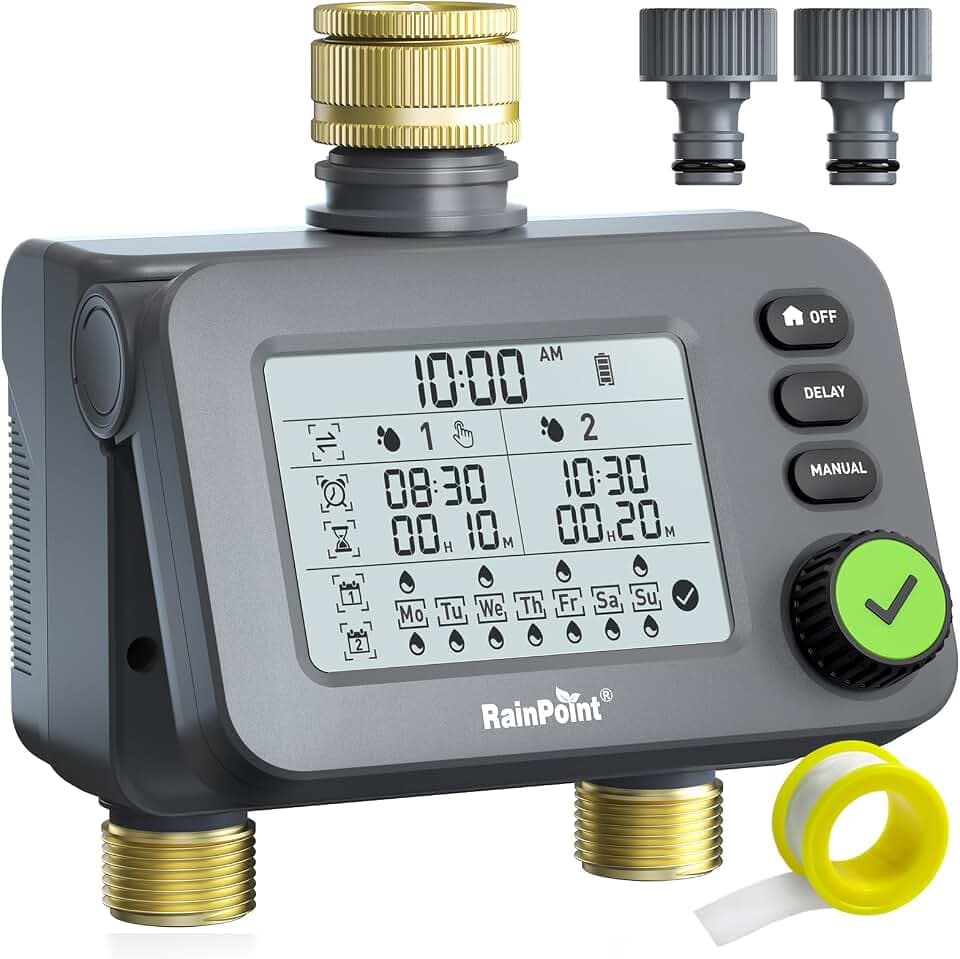 RAINPOINT Bewässerungscomputer 2 ausgänge mit Messing-Einlass und -Auslass, Garten Bewässerungsuhr mit Regenverzögerung/Automatischem & Manueller Modus, IP54 Wasserdicht/Großbild LCD-Display