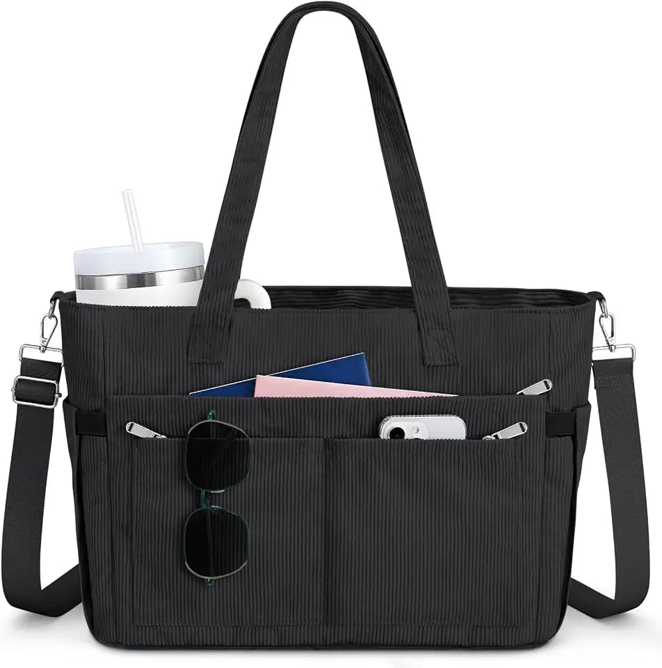Becokan Corduroy Tote Bags for Women Laptop Work Tote Bag with 19 Pockets