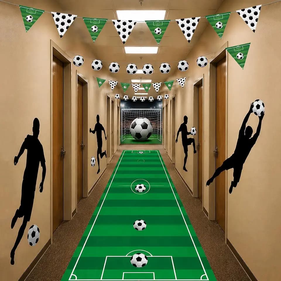 13Pcs Soccer Party Classroom Decorations Includes 9.84ft Field Rug,Black Player Backprop Figures and Soccer Hanging Banner for Soccer Theme Birthday Party Outdoor Indoor Party Decorations Supplies