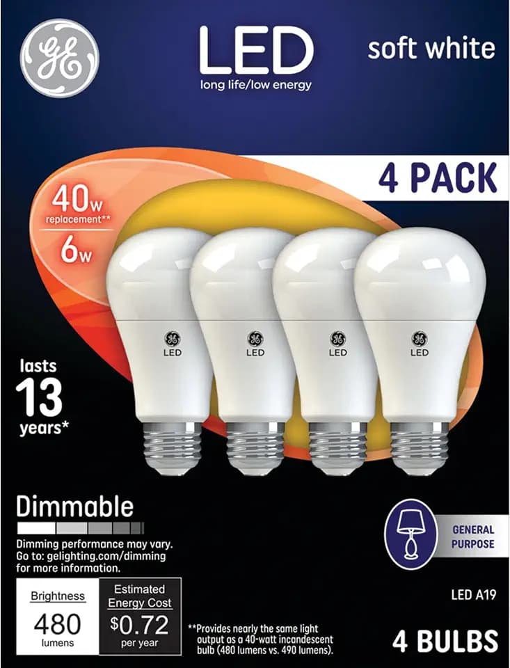 GE LED Light Bulbs, 40 Watt, Soft White, A19 (4 Pack)