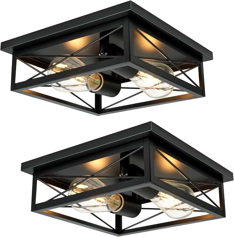 2 Pack Farmhouse Ceiling Light Fixture - Industrial Square Modern Black Flush Mount Ceiling Light for Kitchen, Hallway, Bedroom, Balcony, Porch, Stairway, E26 (Black, 10.6 Inch)
