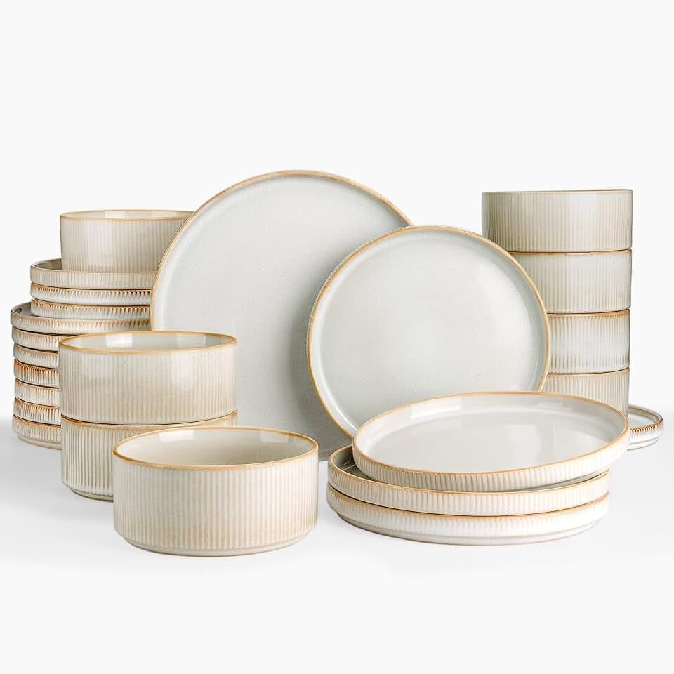 Famiware Star Stoneware Dinnerware Sets for 8, Reactive Glaze Plates, Bowls