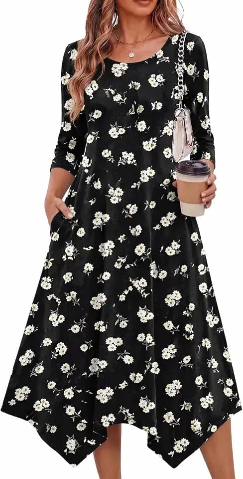 Zeagoo Midi Dresses Women 2026 Dress 3/4 Sleeve A Line Casual Dresses with Pockets
