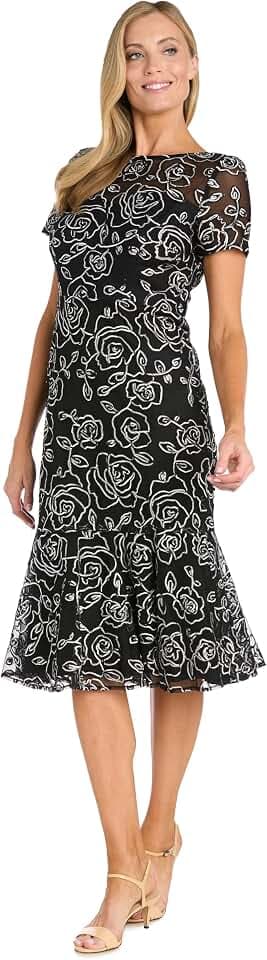 R&M Richards Women's Chiffon Sweetheart Neckline Capelet Midi Dress W/Shirred Skirt for Cocktail, Wedding Guest
