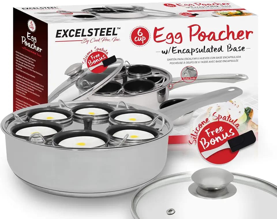 EXCELSTEEL Non Stick Easy Use Rust Resistant Home Kitchen Breakfast Brunch Induction Cooktop Egg Poacher, 6 Cup, Stainless Steel, Round