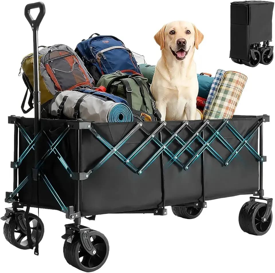 440LBS Heavy Duty Collapsible Wagon Cart - Extra Long Foldable Utility Wagon with All-Terrain Wheels, Portable Folding Grocery Cart for Camping, Beach, Garden, Sports, Shopping, Black