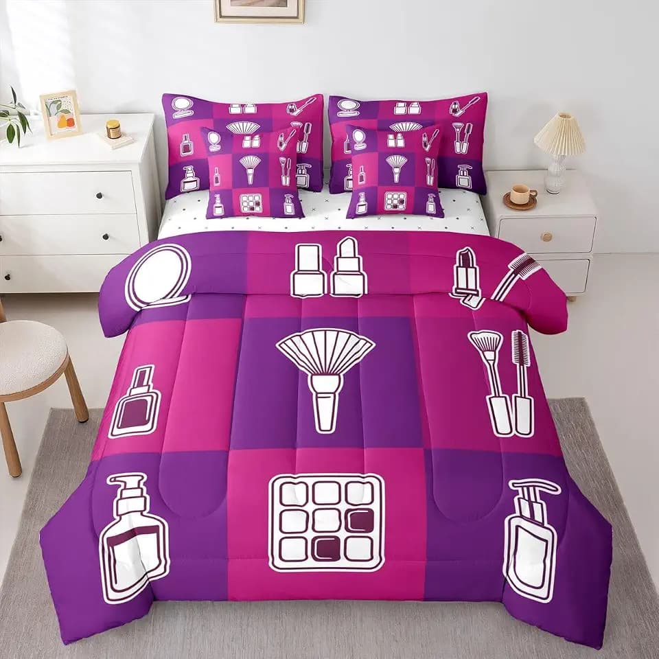 Erosebridal Cosmetics and Perfumes Queen Comforter Set with Sheets Makeup Perfume for Girl 7 Piece Bedding Set Makeup Pattern Bed in a Bag, Patchwork Make Up Room Decor