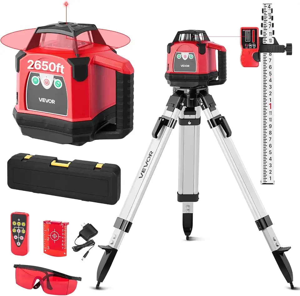 VEVOR Rotary Laser Level Kit, 2650ft 360-Degree Self Leveling Red Horizontal Laser Transit,with Heavy-duty Tripod, Receiver, Remote Control, Toolcase, IP66 Waterproof, 0.06in/100ft for Construction