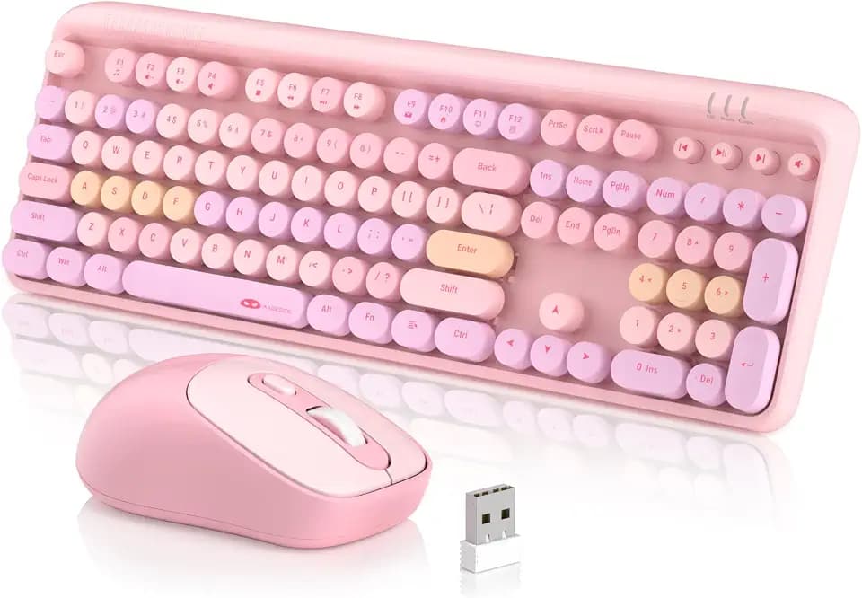 MageGee V920 Wireless Keyboard and Mouse Combo, 2.4G Full-Sized Retro Typewriter Keyboard with Round Keycaps & Auto-Sleep Mode, Cute Computer Keyboard and Cordless Optical Mouse for Laptop/PC (Pink)
