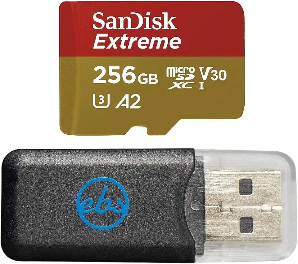 SanDisk 256GB MicroSDXC Extreme Memory Card, Works with GoPro Max 2, HERO13 Black, Ultra Wide, Lit Hero (SDSQXAV-256G-GN6MN), V30 U3 A2, Bundle with (1) Everything But Stromboli Reader