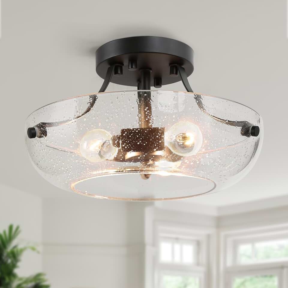 KSANA Semi Flush Mount Ceiling Lights, 3 Light Black Ceiling Light Fixture with Seeded Glass Shade Modern Farmhouse Close to Ceiling Lights for Kitchen Bedroom Hallway Entryway