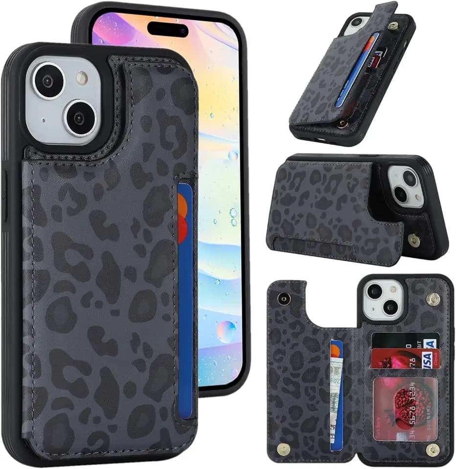 iCoverCase Compatible with iPhone 15 Wallet Phone Case with Card Holder for Women Men, [RFID Blocking] Card Slots PU Leather Protective Wallet Case 6.1 Inch (Black Leopard)