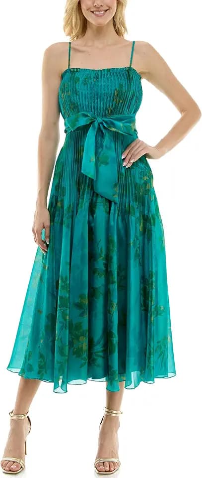 Taylor Women's Sleeveless Smocked Spaghetti Strap Midi Dress with Bow Sash