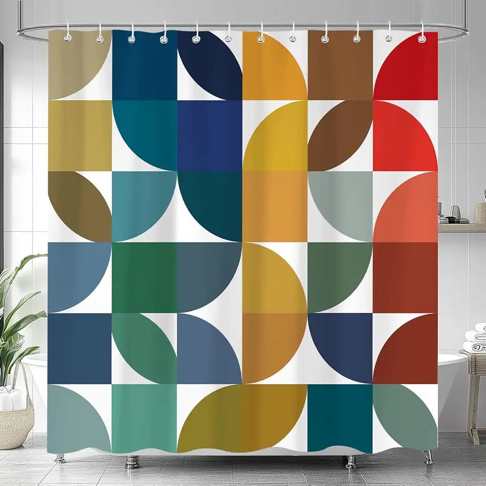 Colorful Mid Century Modern Shower Curtain, Boho Abstract Geometric Retro Art Shower Curtains for Bathroom, Rainbow Unique Cute Pattern Polyester Fabric Bathroom Set 12 Hooks 72X72IN