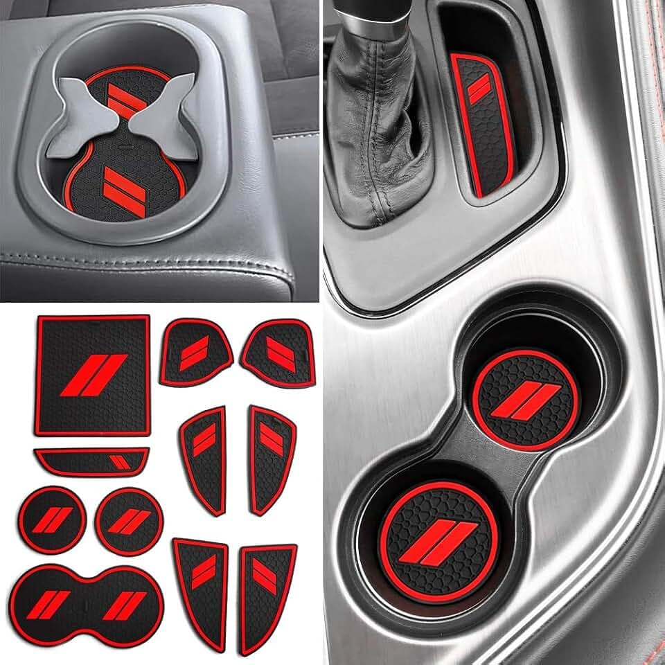 Auovo Anti-dust Mats for Challenger Accessories 2015-2023 Custom Interior Cup Holder Inserts Door Pocket Center Console Liners (Red, 11pcs/kit)