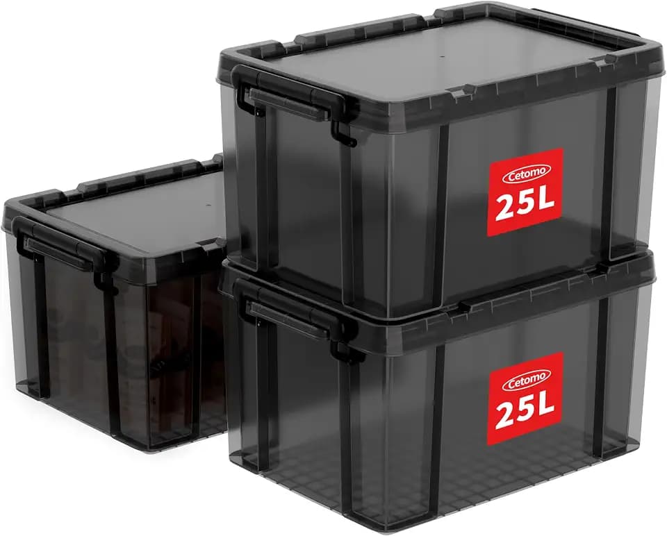 Cetomo 25L*3 Heavy-Duty Aufbewahrungsboxen, Stapelbare Kunststoffbox mit Deckeln, Robuster Behälter mit verstärkten Ecken & Einrastverschlüssen, Langlebig, Stabil, Transparent Schwarz, 25L-3er Set