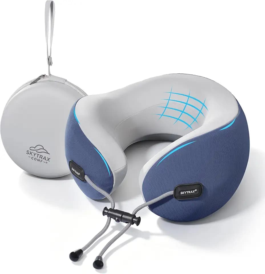 SKYTRAX COMF® Premium Ergonomic Memory Foam Travel Neck Pillow, Washable Cooling Ice Silk Cover, Firm Neck Support for Airplane Long Flights & Pain Relief, with Portable Carry Case (Navy Blue)