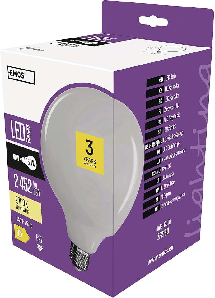 EMOS LED Lampe Globe milchig, 18W Ersatz für 150W Glühbirne, Filament Retro-Glühlampe mit E27 Sockel, Helligkeit 2452 lm, Warmweiß 2700 K, 25000 h Lebensdauer, CRI min. 80, 340° Abstrahlwinkel