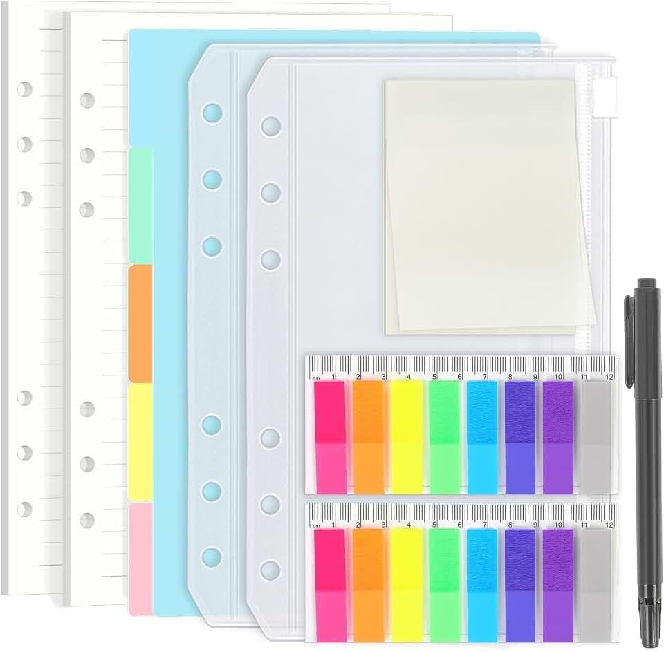 SKYDUE Ringbuch A5 Nachfüllbar Set – Inklusive 90 Blatt A5 Papier Liniert Nachfüllpapier (180 Seiten), 5 Trennblätter A5 Aus PP, Bunte Haftnotizen & 2 A5 Umschläge