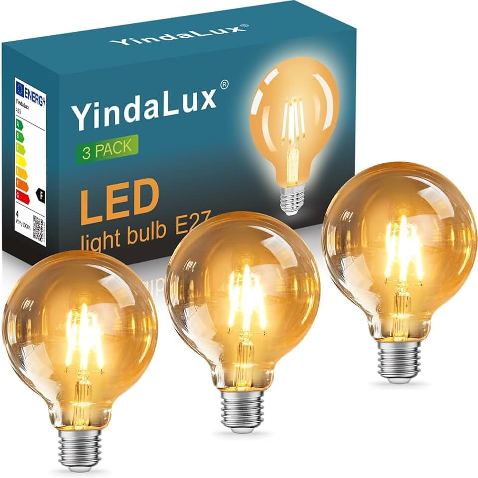 YindaLux 3er Glühbirne E27 LED Warmweiss 2700K 4W G95 Filament Lampe