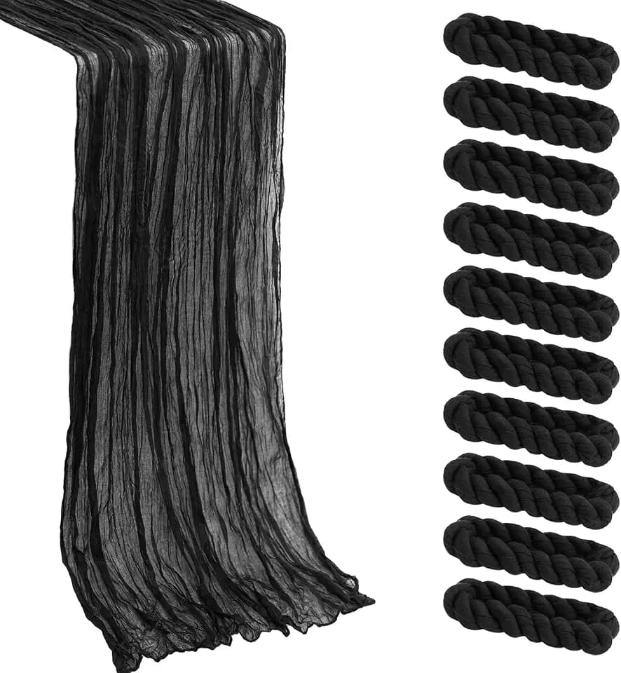 10 Pack Black Cheesecloth Table Runner -21*120Inch Long Boho Wedding Table Decor, Rustic Gauze Fabric Runner for Bridal Showers, Baby Showers & Parties (Sheer, Lightweight, Wrinkled Design)