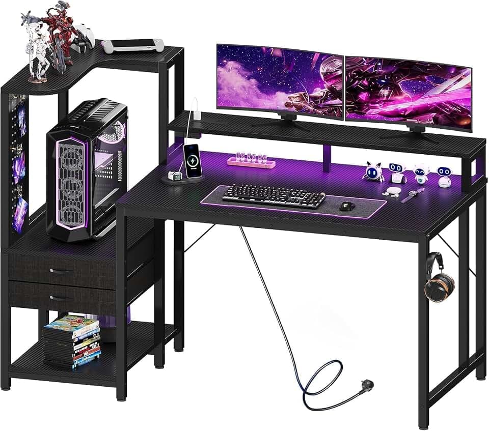 JUMMICO 140×70cm Gaming Tisch mit LED & Regal, Kohlenstoffschwarz