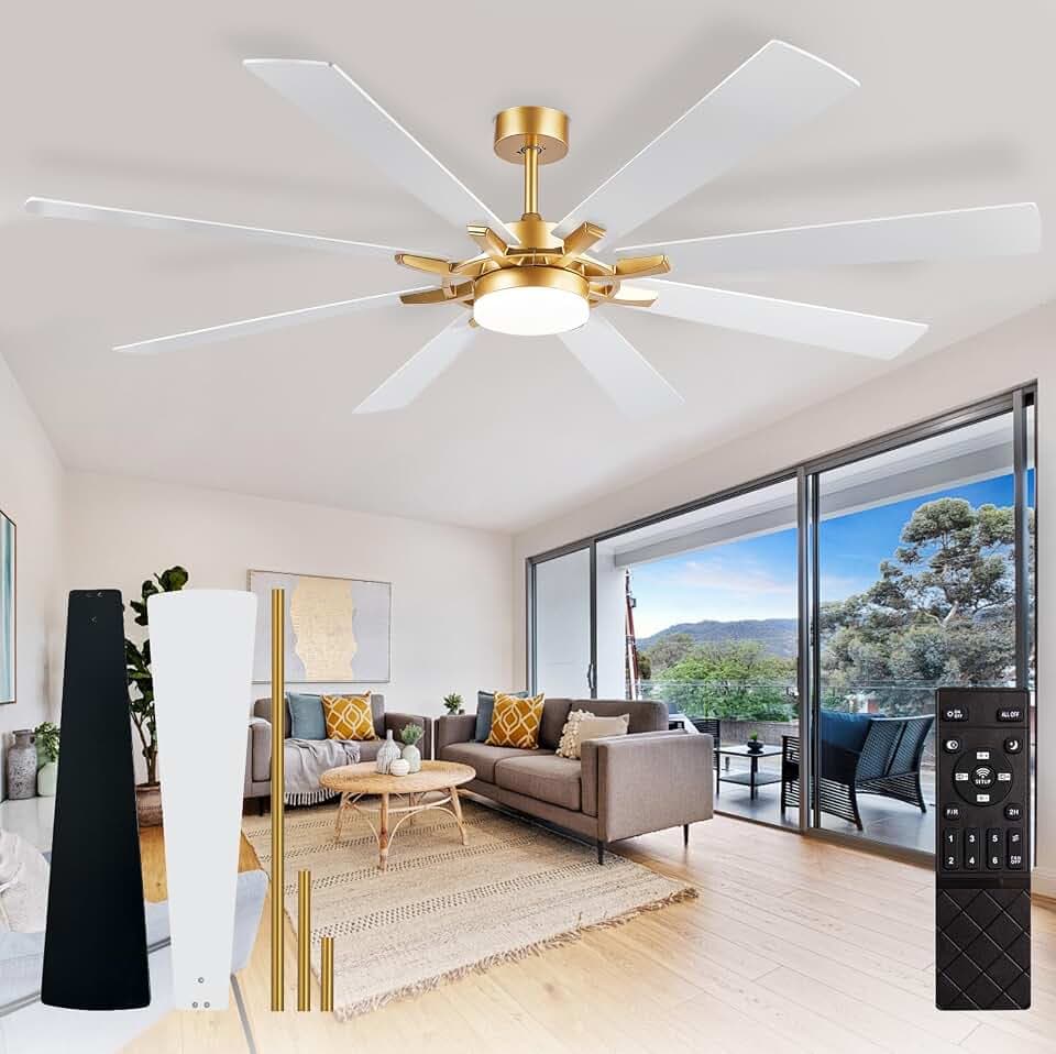 Depuley 72-Inch Ceiling Fan with Light: Modern 8-Blade White and Gold Indoor Outdoor Fans with Remote Control Dimmable Light - Ultra Quiet DC Motor Reversible 6 Speed Timer