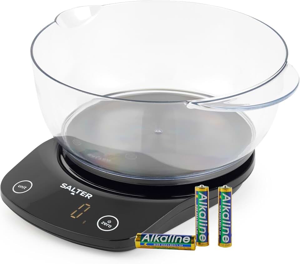 Salter Küchenwaage Digital 5kg, Digitale Küchenwaage mit 1,8L Schüssel, Waage Küchenwaage mit Tara-Funktion, Elektronische Küchenwaage für Flüssigkeiten, Spülmaschinenfest