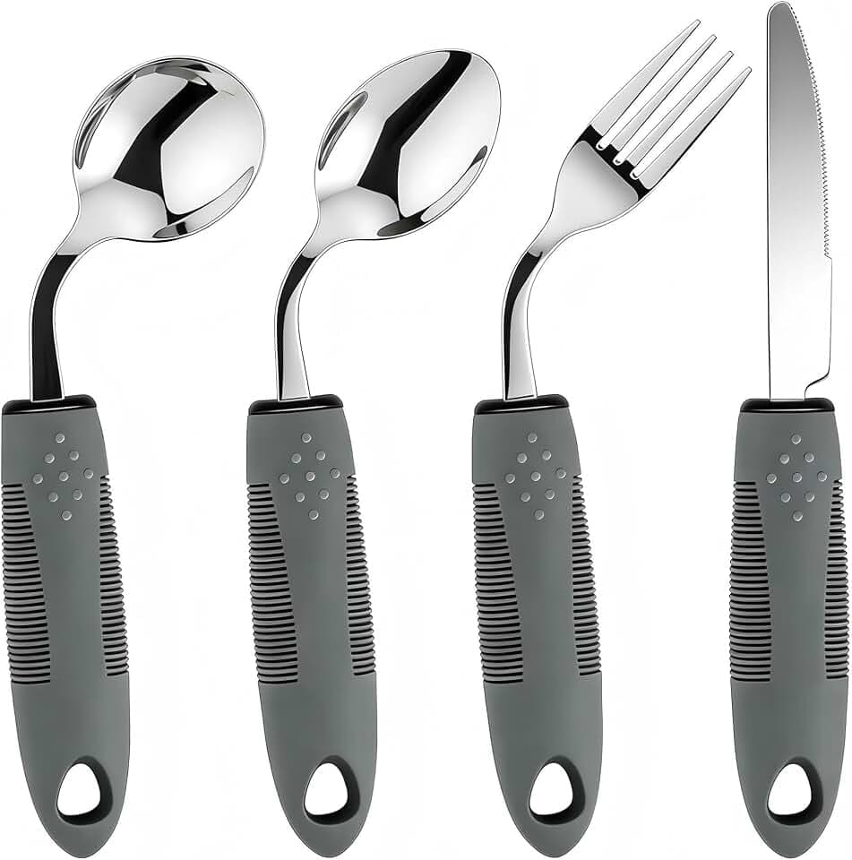 Adaptive Besteckset (4-tlg) – 42° Winkel, 80g Gewichtet | Für Parkinson, Zittern, Arthritis | Rutschfester Griff, Esshilfe (Linke Hand)