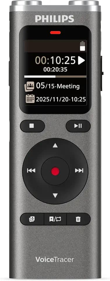 Philips DVT2075 VoiceTracer, Diktiergerät, Aufnahmegerät, MP3, Stereo, Li-on Akku. Sembly AI zur Spracherkennung für mehrere Sprecher, Automatische Erstellung von Zusammenfassungen