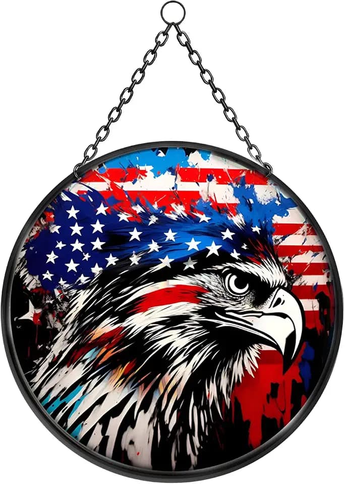 Stained Acrylic Suncatcher Window Hanging : Patriotic Eagle Round Celestial for Home Wall Decor - Gift for Friends and Family