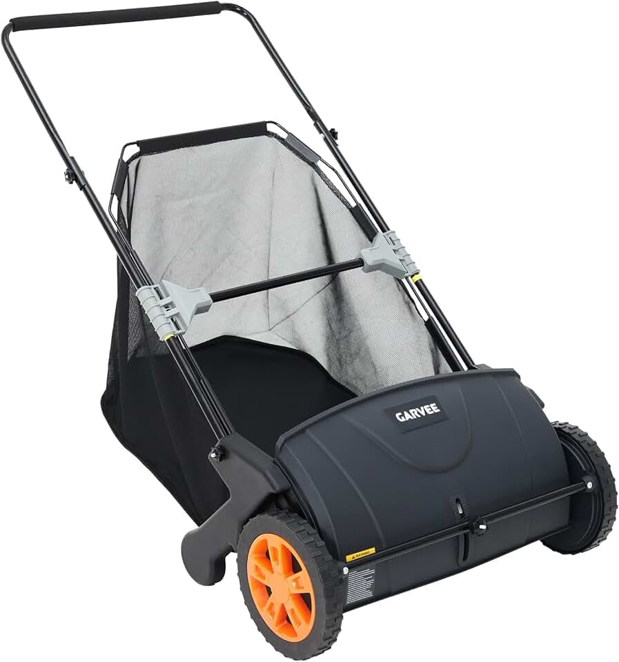 21-Inch Push Lawn Sweeper, 3.5 Cu. Ft. Hopper Leaf & Grass Collector, 4 Spinning Brushes, Adjustable Brush Height, Manual Yard Sweeper for Grass Clippings, Leaves & Light Debris, Black & Orange