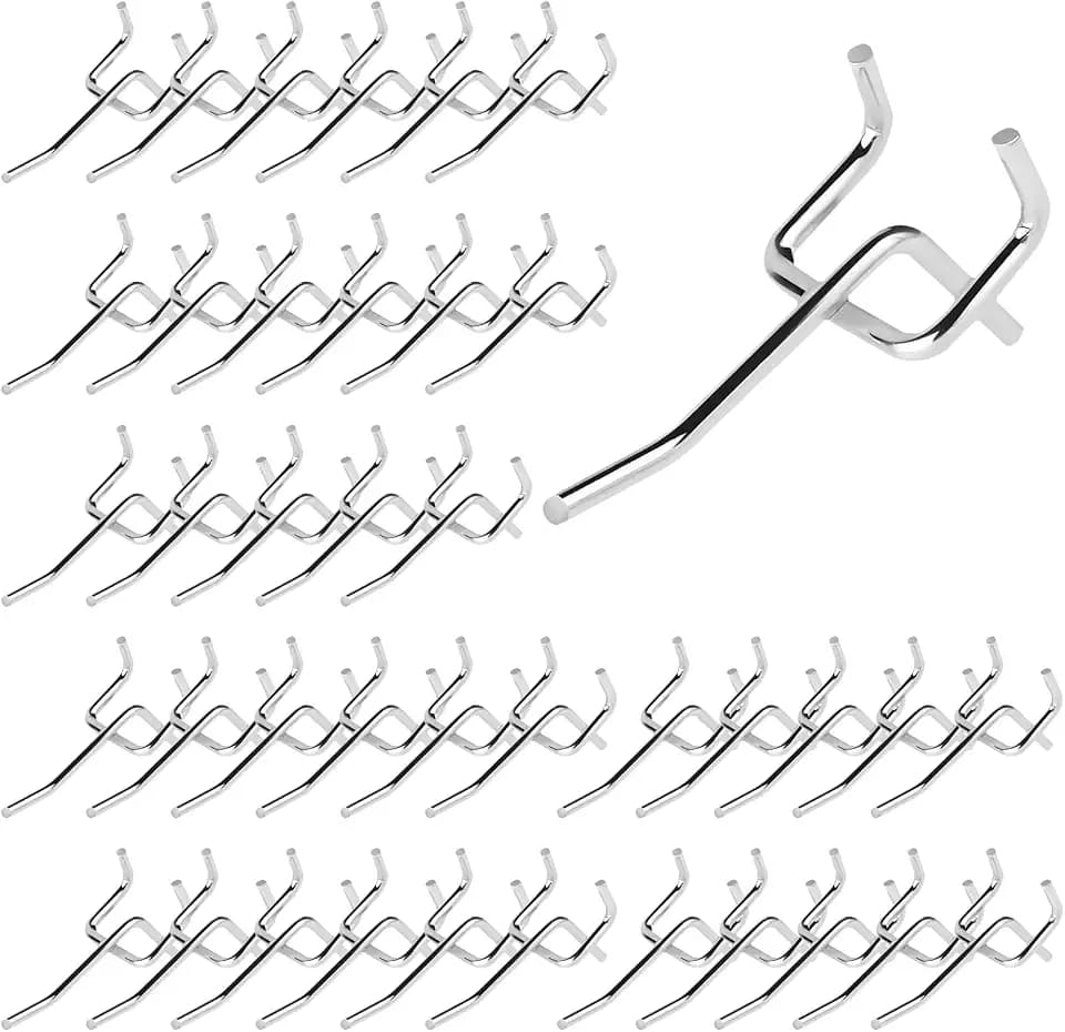 40Pcs 2" /50mm Stainless Steel Pegboard Display Hooks Bulk Set, Silver Garage Organization Peg Wall Hook Metal Slatwall Panel Hook Fit 1/8 and 1/4 Inch Pegboard for Retail
