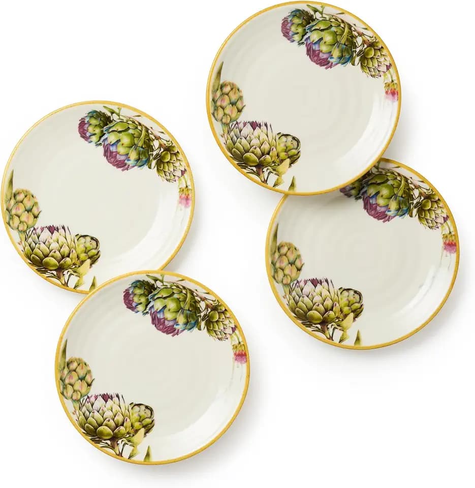 Verdura 6-Inch Canape Plates, Set of 4 – Artichoke & Herb Stoneware Side Plates for Appetizers, Tapas, Bread & Desserts – Rustic Italian Garden Tableware