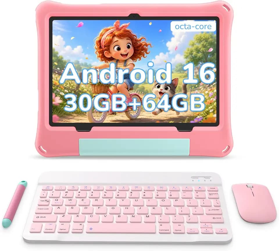 Kids Tablet, Android 16 Tablet for Kids 10 inch with Keyboard, Mouse, EVA Case Pen (Pink) 30GB RAM 64GB ROM 1TB TF Card Expandable for Children, Parental Control, Dual Camera, WiFi, Gift
