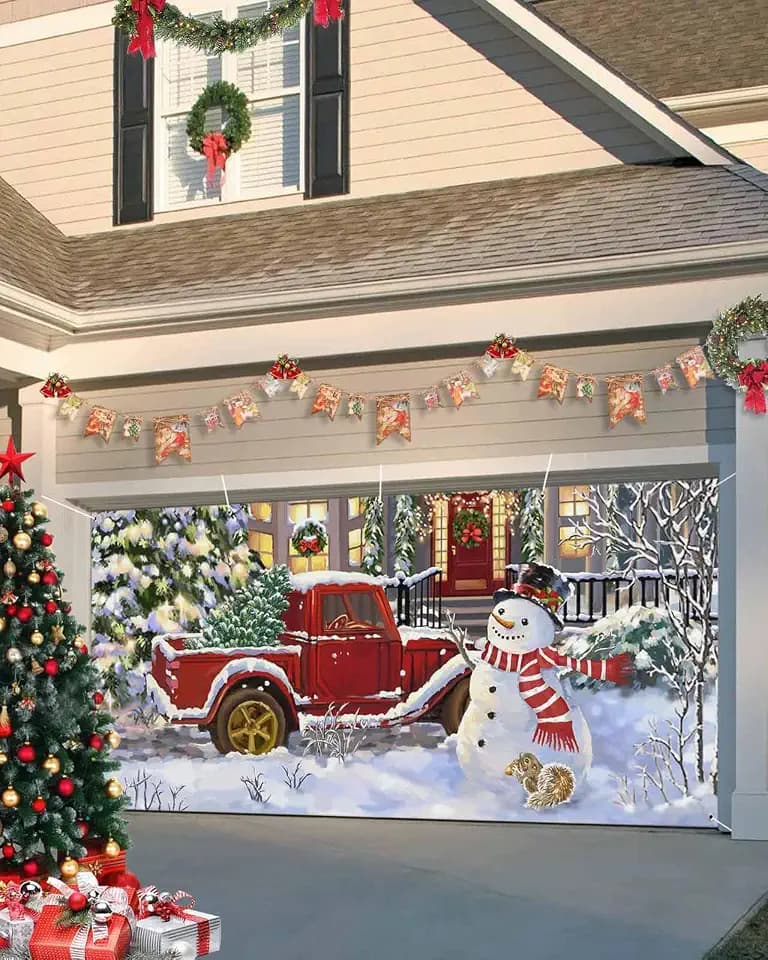 Christmas Garage Door Banner Cover 7 x 16 ft, Merry Christmas Happy Snowman Red Truck Christmas Tree Christmas Garage Door Decorations Holiday Christmas Backdrop Decor for Winter New Year Xmas Party