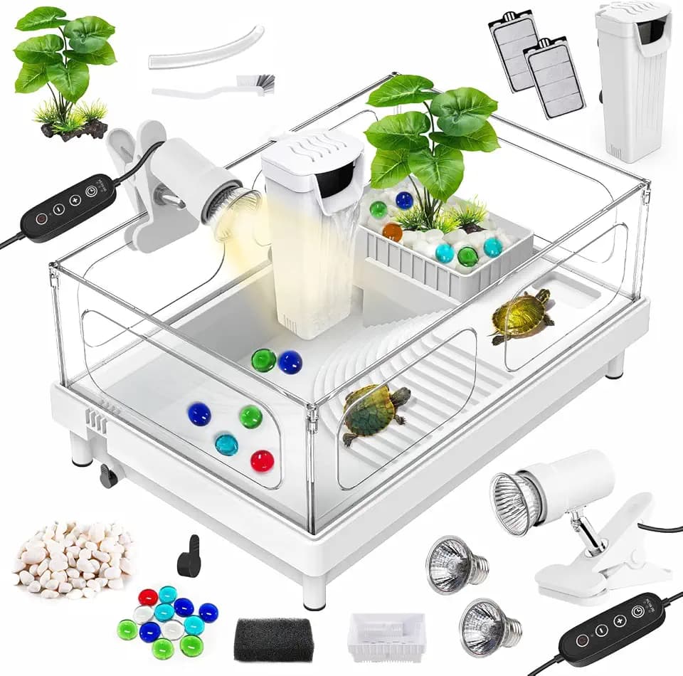 GOZILLA Small Turtle Tank Kit(Tank+Lamp+Filter), Acrylic Aquarium Turtle Starter Kit Habitat with Multi-Functional Areas for Small Reptiles. (White Kit)