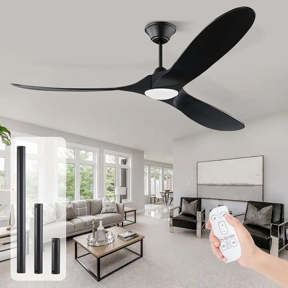 60 inch Black Ceiling Fans with Lights, 3 Solid Wood blade Fan
