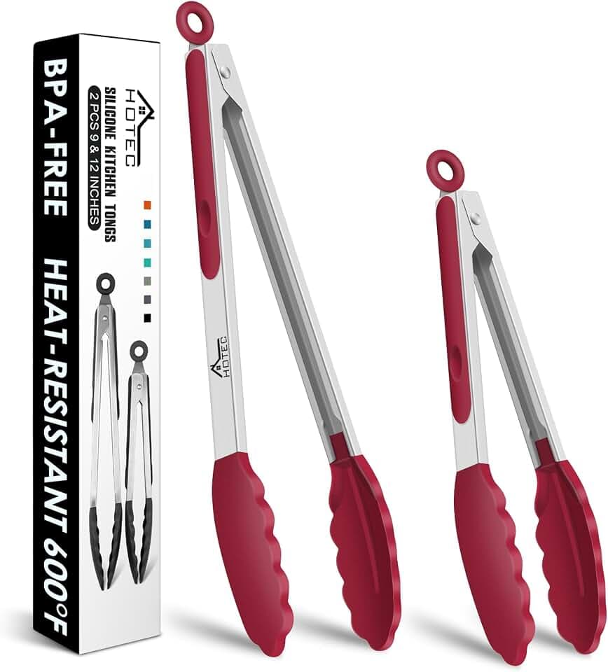 HOTEC Premium Stainless Steel Locking Kitchen Tongs with Silicon Tips, Set of 2-9" and 12"(Red)