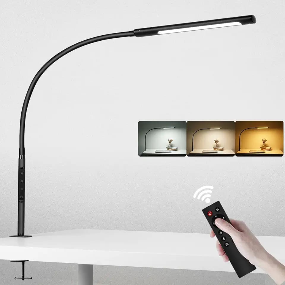 EYOCEAN Schreibtischlampe LED mit Fernbedienung, Verstellbare Schwanenhals Klemmleuchte, Einstellbare Dimmen & Farbtemperaturen, Berührungssteuerung Büro Tischlampe, 12W, Mattschwarz