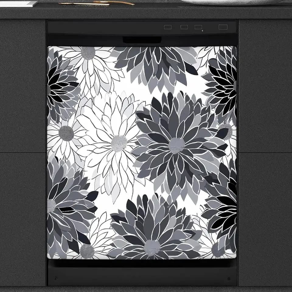 Dishwasher Magnet Cover Grey Black White Flower Reusable Dishwasher Magnetic Cover Sticker Decorative Dish Washer Door Covers Panel for Home Kitcen Appliance