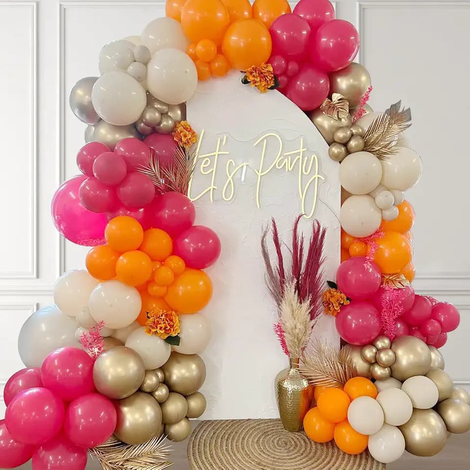 144Pcs Hot Pink and Orange Balloon Arch Garland Kit,Bright Pastel Pink Orange White Sand Metallic Gold Balloons for Boho Birthday Hawaii Tropical Baby Bridal Shower Wedding Party Decorations