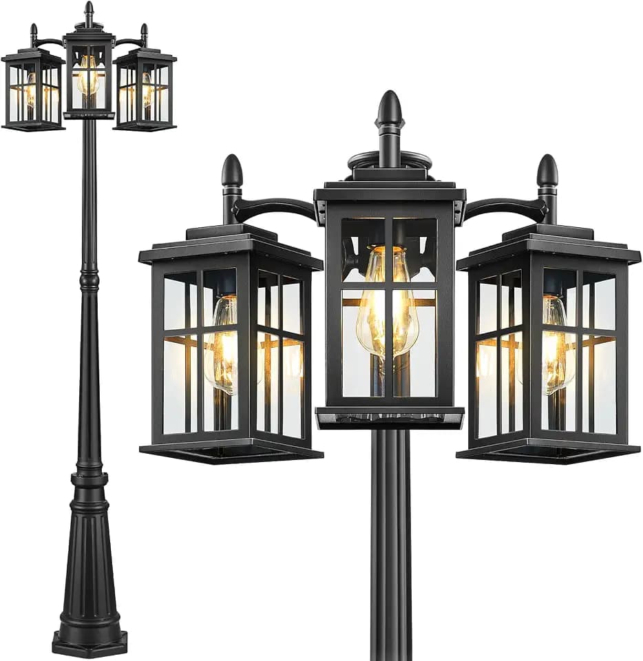 Dusk to Dawn Outdoor Lamp Post Light, Waterproof Outdoor Post Lights, Black Anti-Rust Light Poles for Outside, Modern 3-Head Lamp Posts Outdoor Lighting with Transparent Glass for Backyard