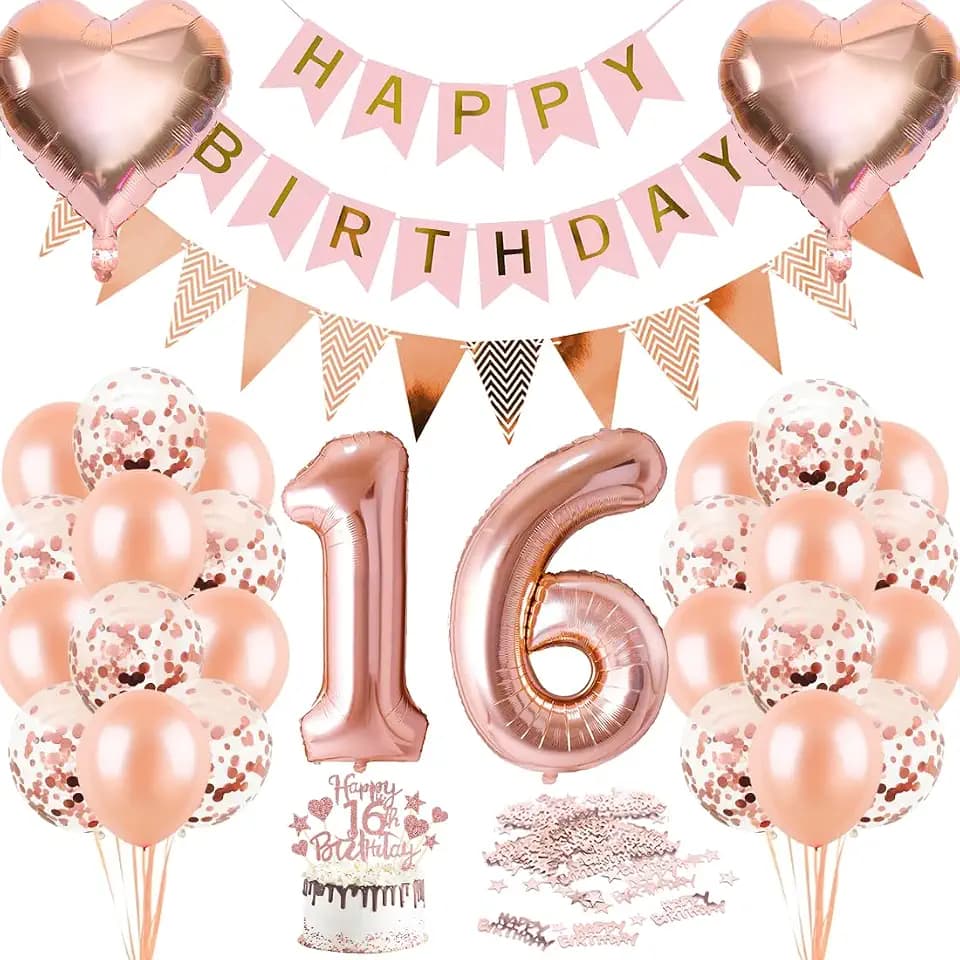 Luftballons 16. Geburtstagsdeko Rosegold, Deko 16. Geburtstag Mädchen, Ballons 16 Jahre Dekoration, Riesen Folienballon Nummer, Happy Birthday Banner, Roségold Geburtstag deko Ballon 16 Jahre Mädchen