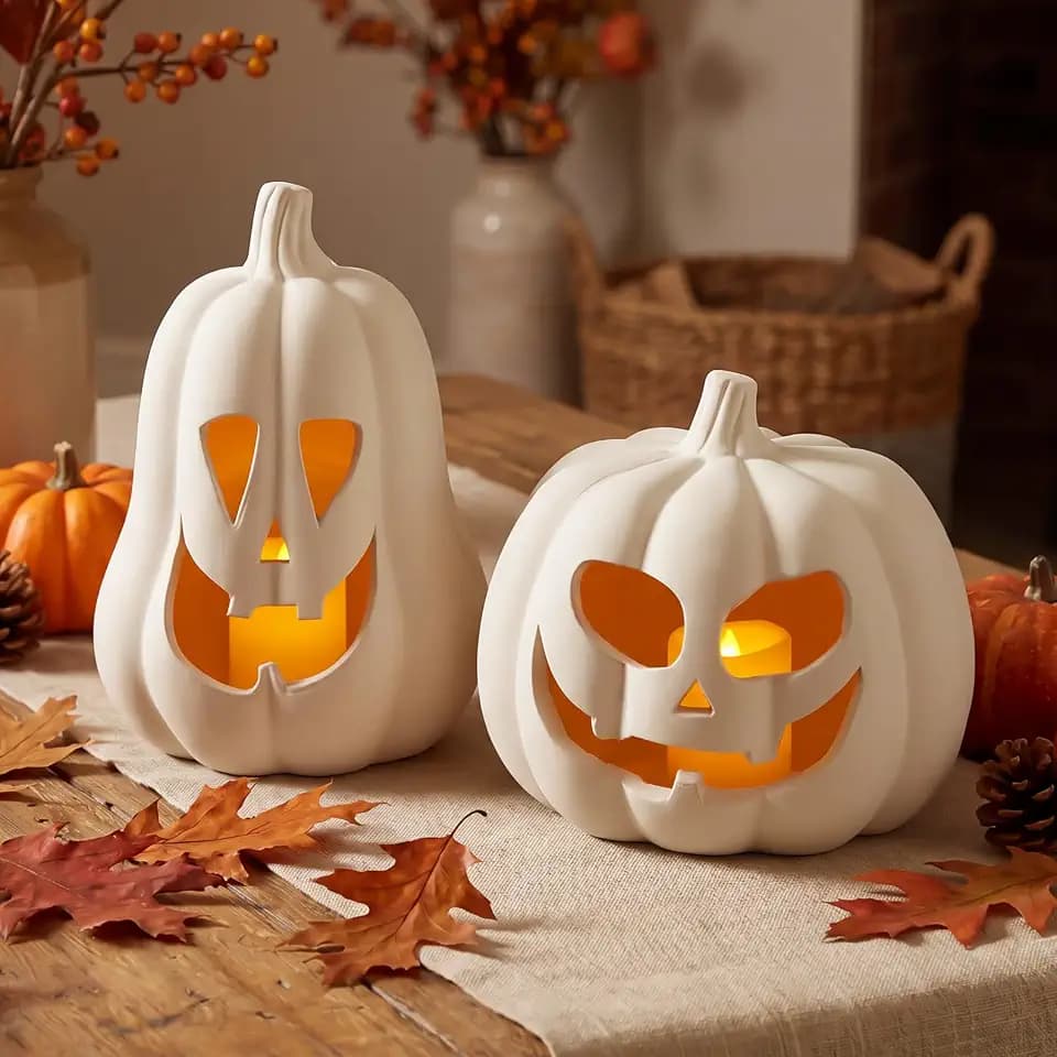 Tioncy Halloween Decor Terracotta Jack O Lantern Pumpkin Decor,Beige