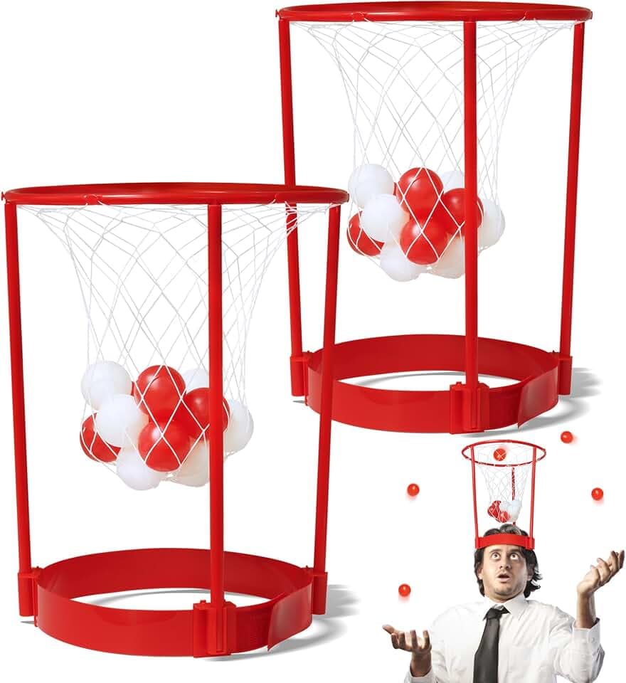 Novelty Place Head Basketballkorb Party-Spielset für Kinder und Erwachsene - Verstellbares Basketball-Stirnband mit 20 Bällen - Rot & Weiß