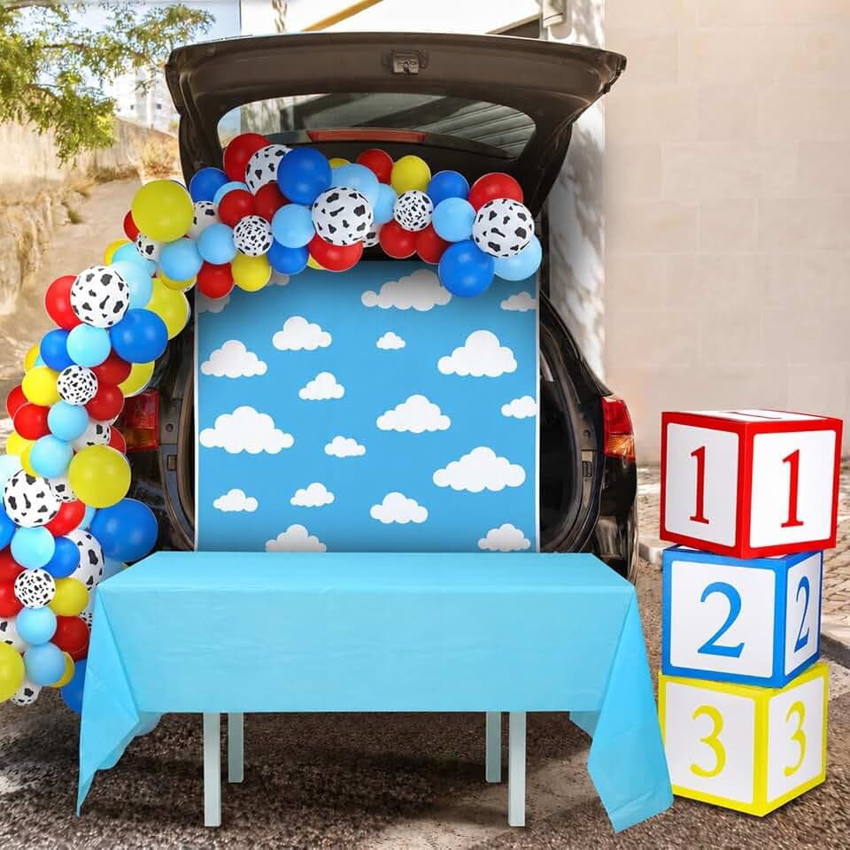 WinnerWhy 56 Pcs Trunk or Treat Car Decoration Kit Toy Inspired Halloween Car Decoration Cartoon Balloon, Banner, Tablecloth, Balloon Box, Trunk Decor for Outdoor Garage Door Arch Party Supply