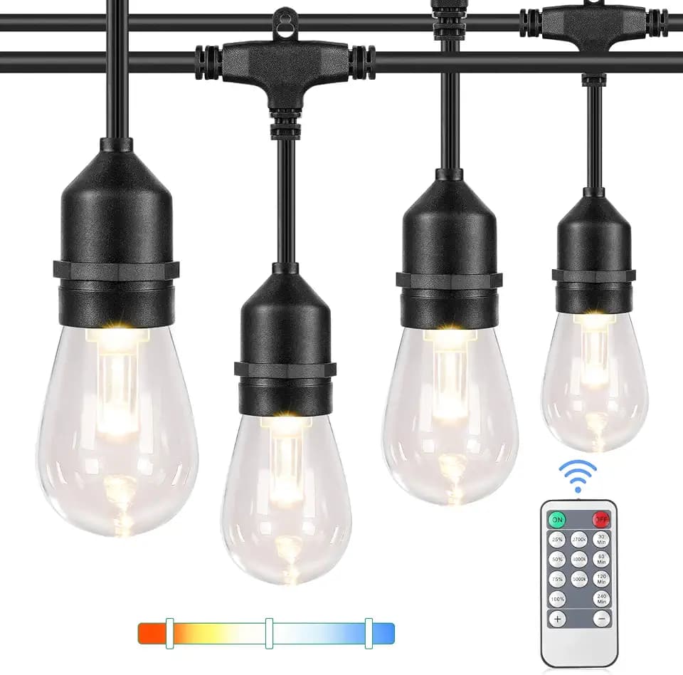 Lakumu 48FT Dimmable LED Outdoor String Lights with Remotes, 3 Color