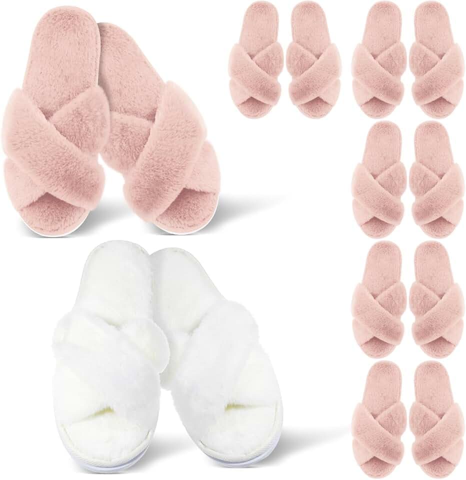 JenPen 7 Pairs Bridesmaids Fuzzy Slippers Cross Band
