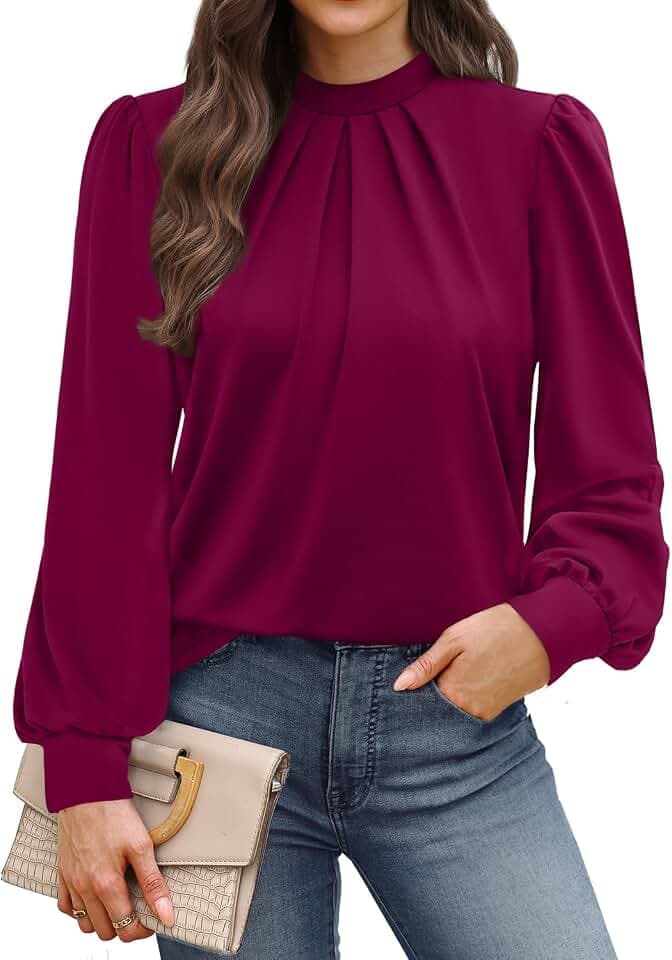 WIHOLL Damen-Top, Blusen für Damen, hoher Ausschnitt, plissiert, elegant, langärmelig, Tops für Damen